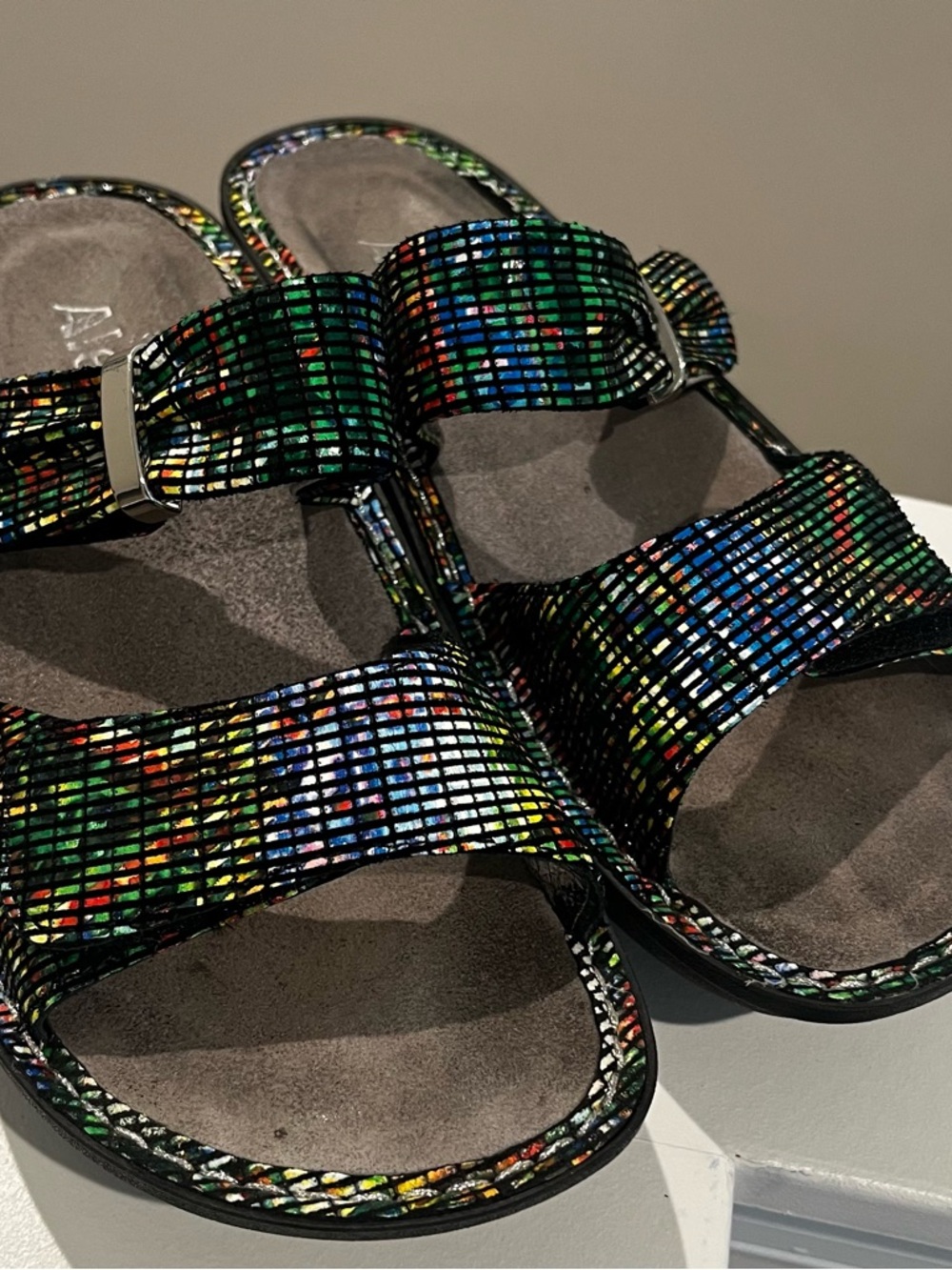 Alegria Rainbow Mosaic Side Buckle Slide, Sandal Size 7
